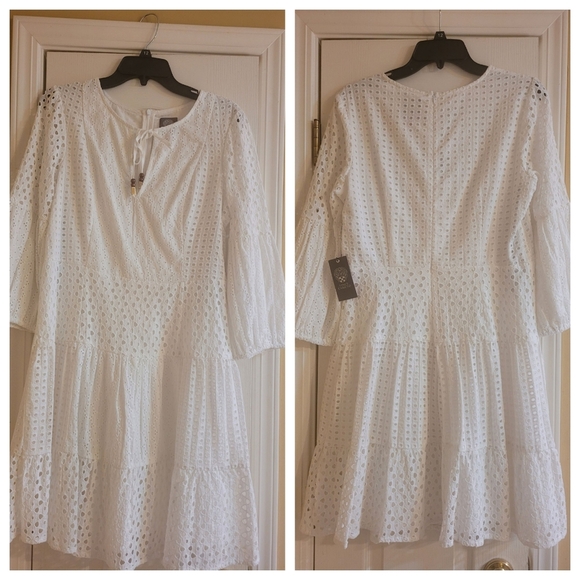 Vince Camuto Woman's Dress White V-Neck 3/4 Sleeve Eyelet Lace A-Line Dress - Picture 4 of 17